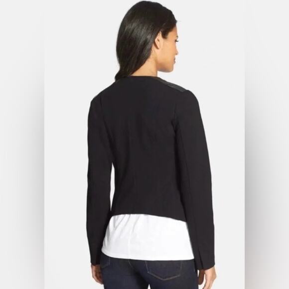 Eileen Fisher Angle Front Jacket Cardigan Ponte Leather Trim Asymmetric Black XS - Picture 3 of 16
